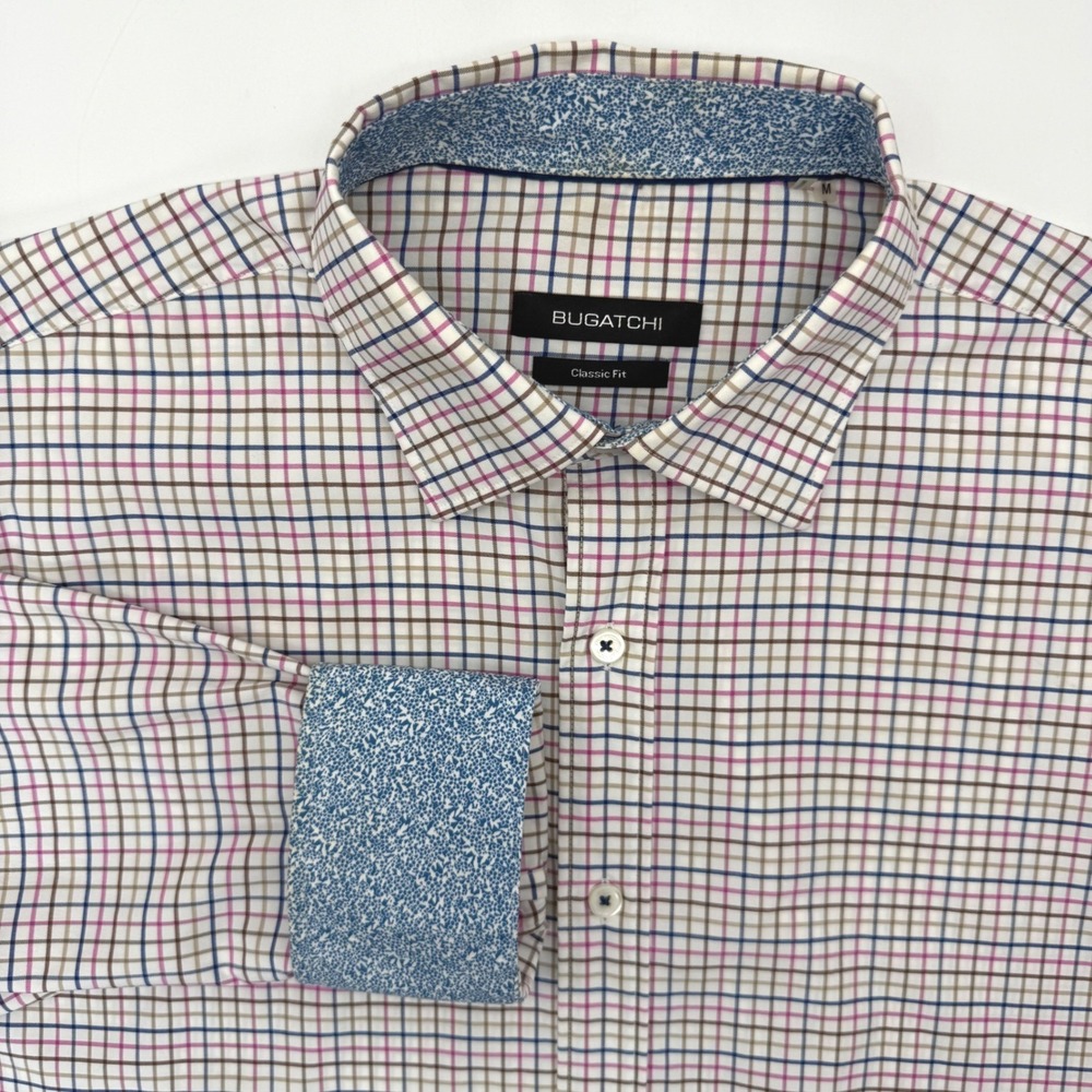 Bugatchi Button Down Mens Medium White Blue Pink Tattersall Classic Fit Stretch
